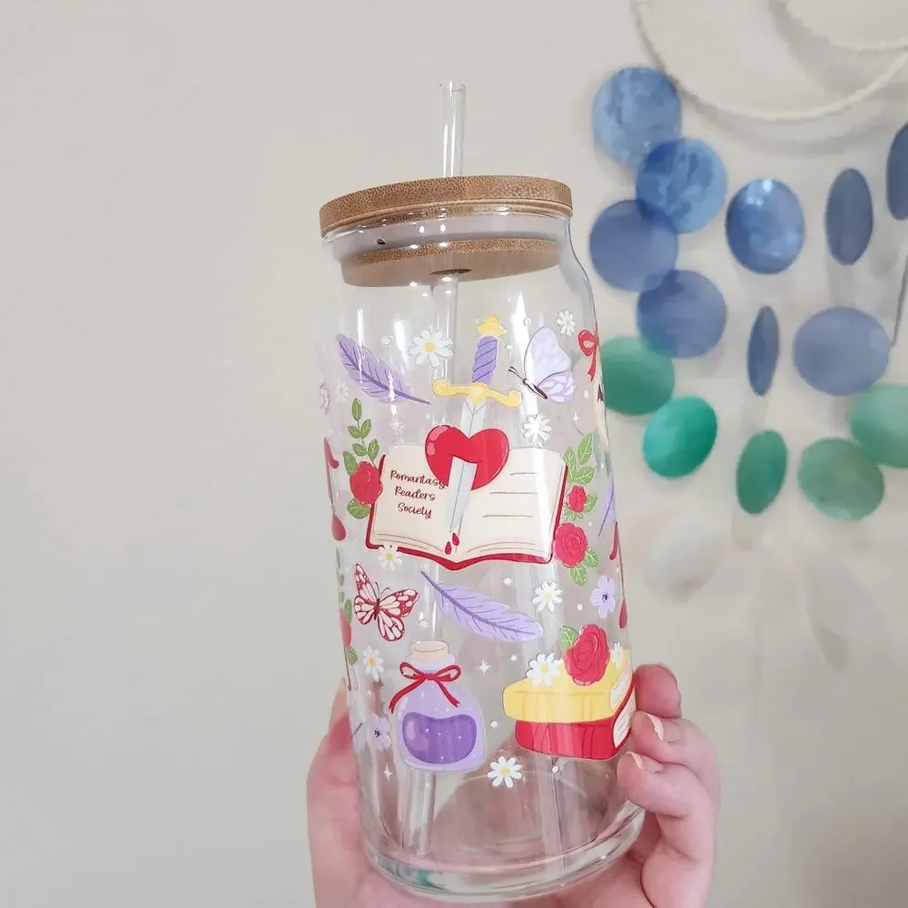 Fantasy Garden Picnic Glass Tumbler, Bookish Dragon Sword Design, Bamboo Lid